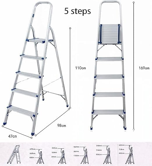 Folding Step Ladder – Lightweight Aluminum Household Ladder for Home, Kitchen, Office – Portable Non-Slip Steps, Sturdy & Compact Folding Design (5 steps)