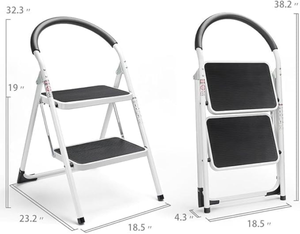 2-Step Folding Steel Ladder - White & Black Non-Slip Step Stool with Safety Handrail | 150kg Heavy Duty Compact Ladder for Home, Kitchen, Garage | Lightweight & Space Saving Design