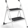 2-Step Folding Steel Ladder - White & Black Non-Slip Step Stool with Safety Handrail | 150kg Heavy Duty Compact Ladder for Home, Kitchen, Garage | Lightweight & Space Saving Design