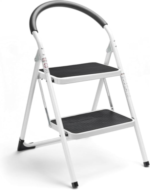 2-Step Folding Steel Ladder - White & Black Non-Slip Step Stool with Safety Handrail | 150kg Heavy Duty Compact Ladder for Home, Kitchen, Garage | Lightweight & Space Saving Design