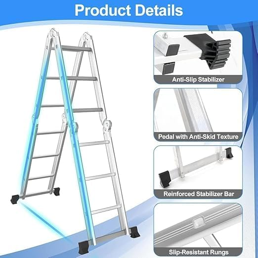 23FT Folding Step Ladder Multi-Purpose Aluminium Extension Ladder 7 in 1 Heavy Duty Combination Step Ladder Max Load 330 LBS with Safety Locking Hinge Anti-Skid Texture 4x6 Step 7 Meters (7m)