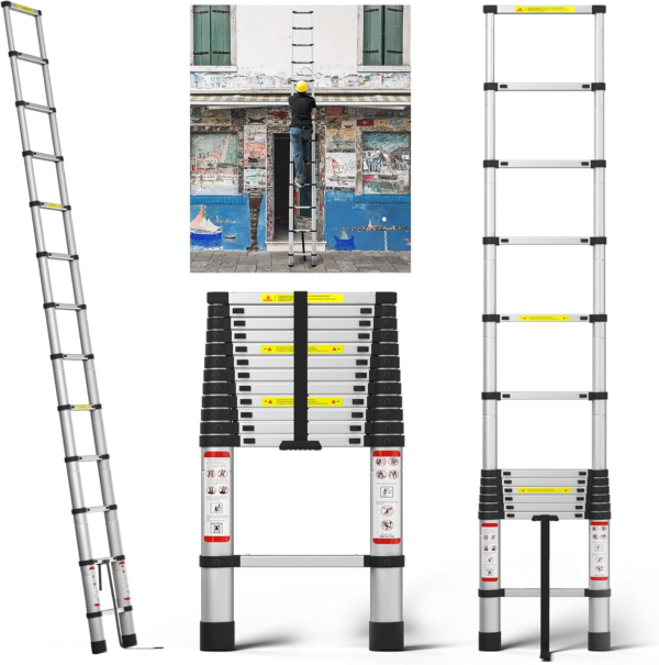 12.5FT Aluminum Telescoping Ladder, Lightweight Compact Folding Ladder with Safety Lock, 330 lbs Max Capacity, Non-Slip Feet 3.8m Extension Ladder, Easy to Store Suitable for Home, Outdoor, Attic, DIY