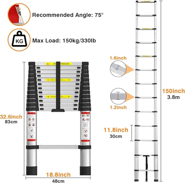 12.5FT Aluminum Telescoping Ladder, Lightweight Compact Folding Ladder with Safety Lock, 330 lbs Max Capacity, Non-Slip Feet 3.8m Extension Ladder, Easy to Store Suitable for Home, Outdoor, Attic, DIY